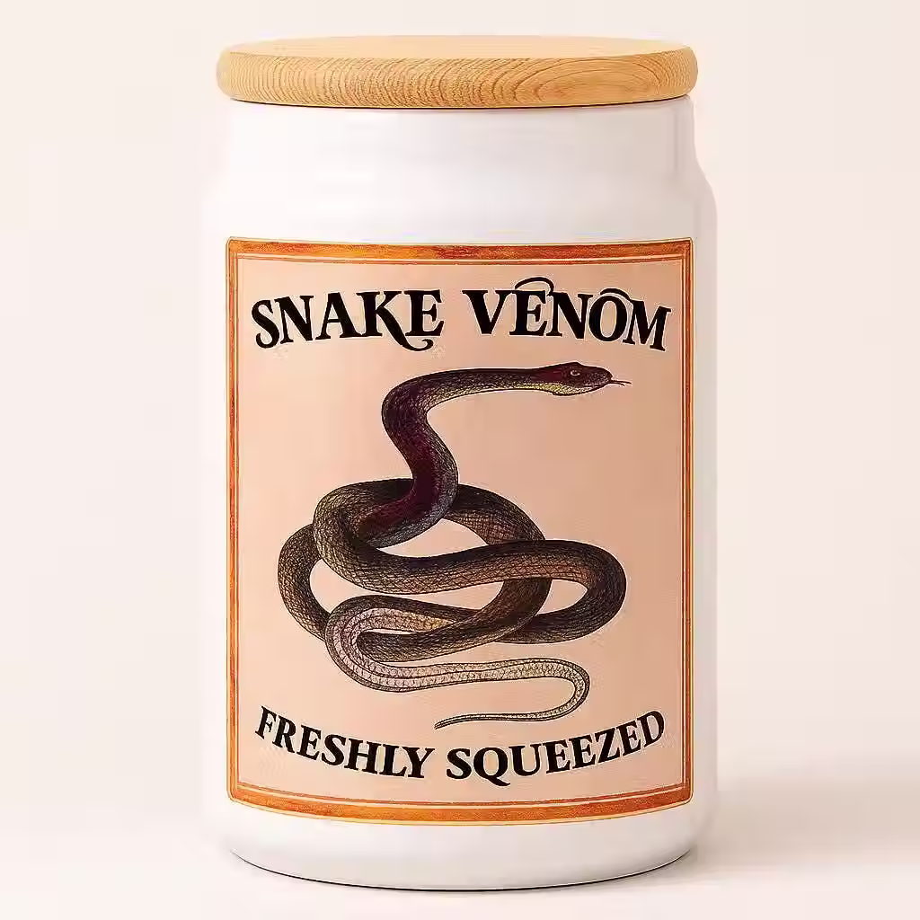 white ceramic gothic apothecary kitchen canister with “Snake Venom Freshly Squeezed” label and wooden lid – Mystical Witch Gi
