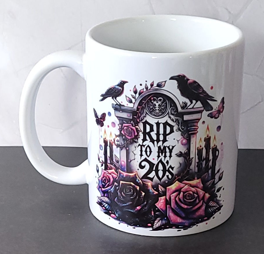 white gothic birthday mug with raven and rose design