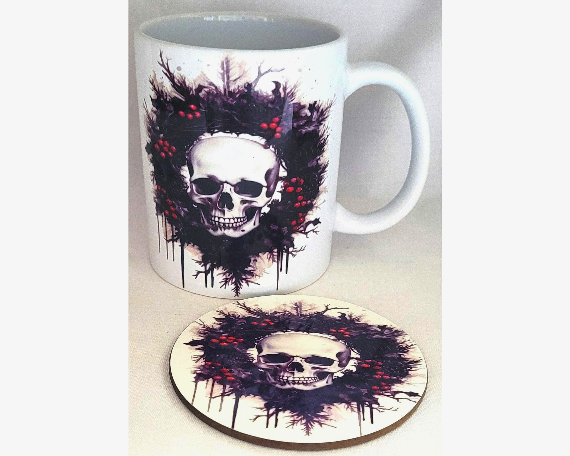 white ceramic gothic skull mug with matching mdf coaster
