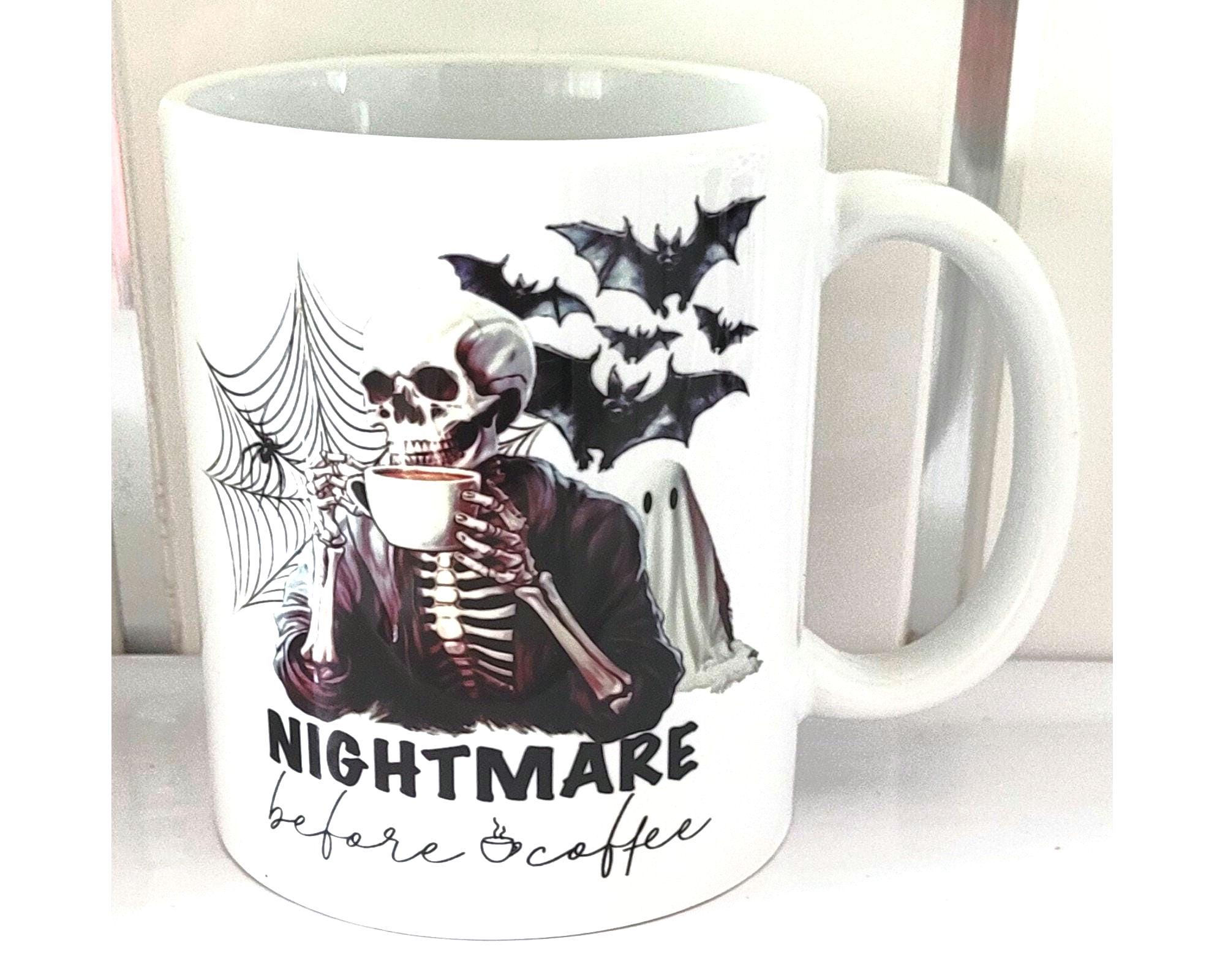 Skeleton drinking coffee with bats and cobwebs — witchy gothic coffee mug gift