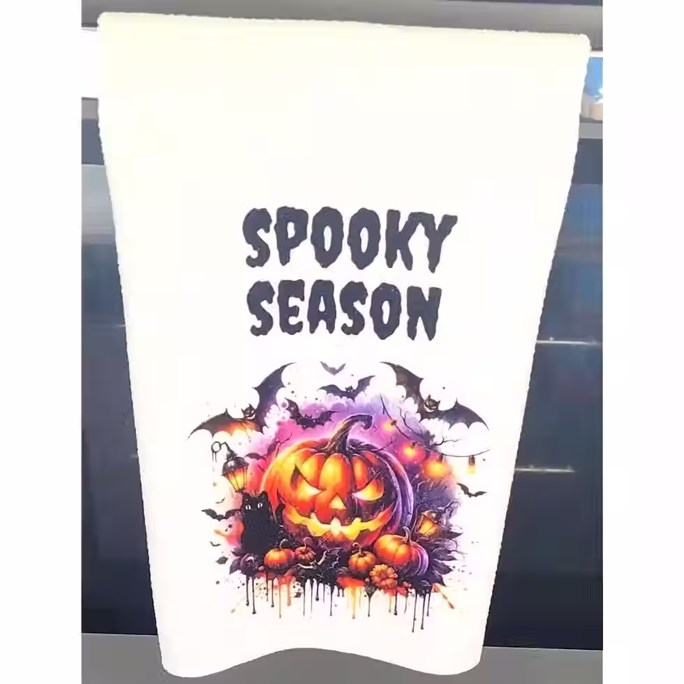 Set of 2 Halloween tea towels with spooky designs — witchy kitchen decor