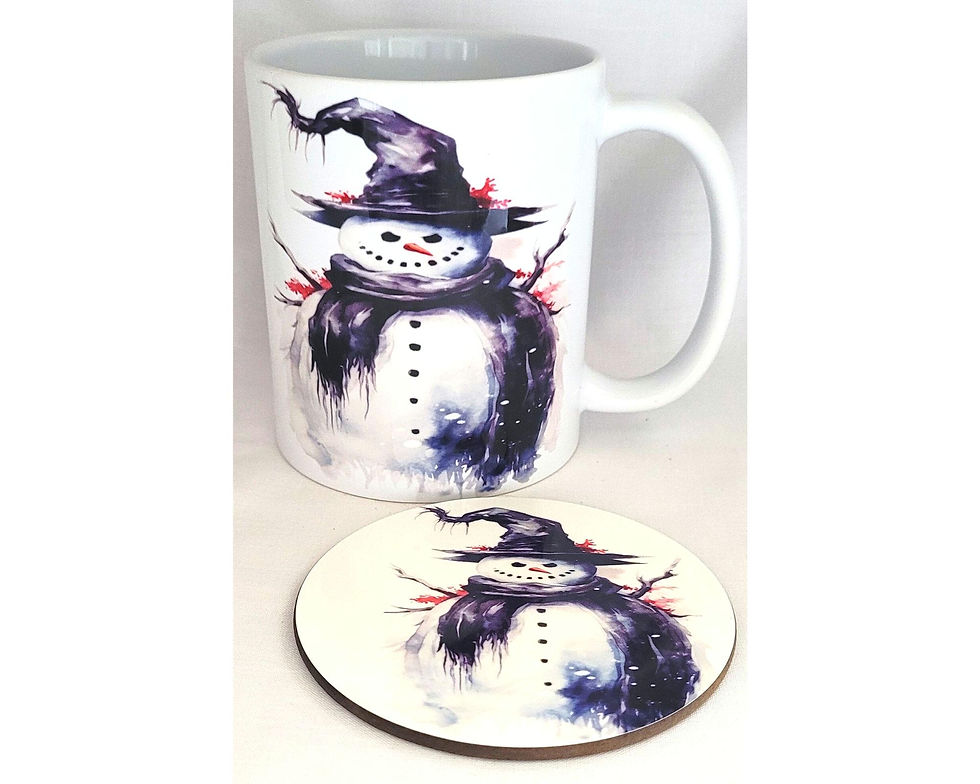 white ceramic witchy snowman mug with matching mdf coaster