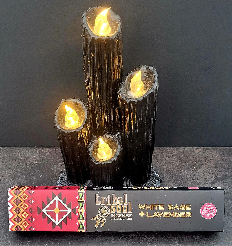 Tribal Soul White Sage and Lavender incense sticks with gothic candles for smudging, cleansing, and relaxation rituals.