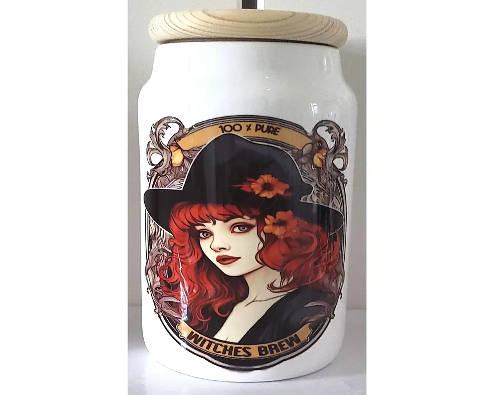 Thumbnail: white ceramic witchy storage jar with witches brew label and red-haired witch design, gothic kitchen décor