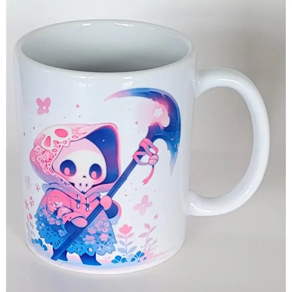 Thumbnail: pastel goth Grim Reaper mug with pink and blue skeleton design on white ceramic coffee cup