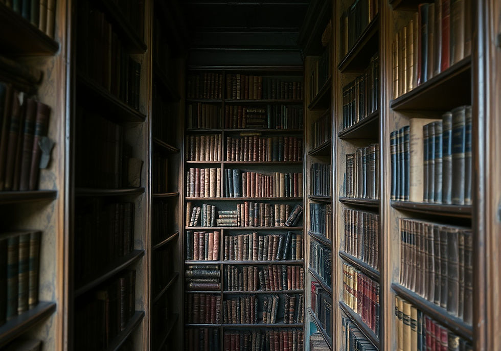antique books on shelves in a poorly lit library.jpg