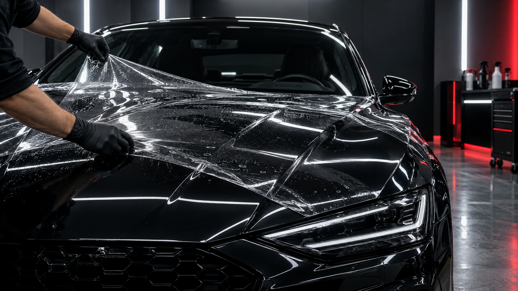 PPF being fitted to a black car at a detailing studio