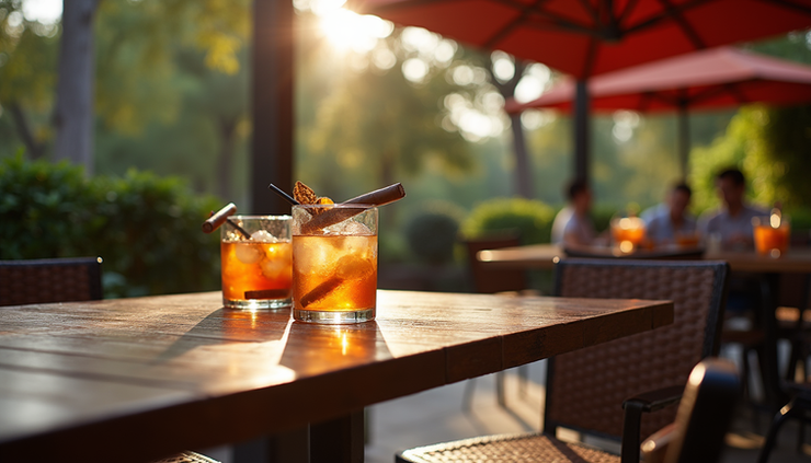 Eye-level view of a cozy outdoor patio with cigars and drinks at Steampunk Cigarco in Sacramento