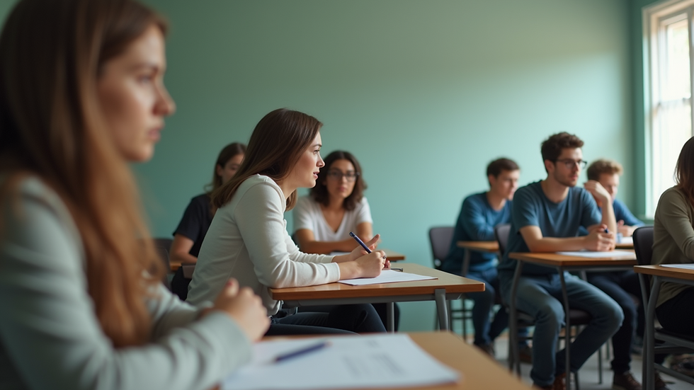 Eye-level view of a classroom filled with engaged students learning a new language