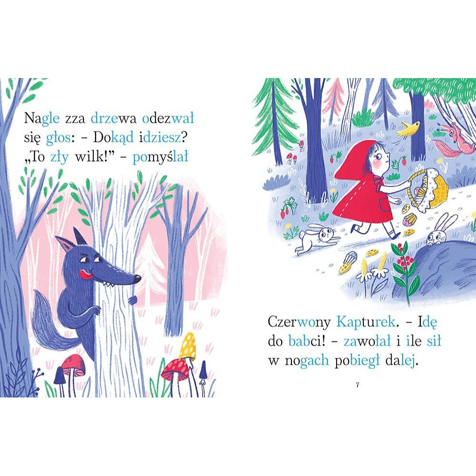 Inside pages of Polish early reader book Czerwony Kapturek with syllable reading