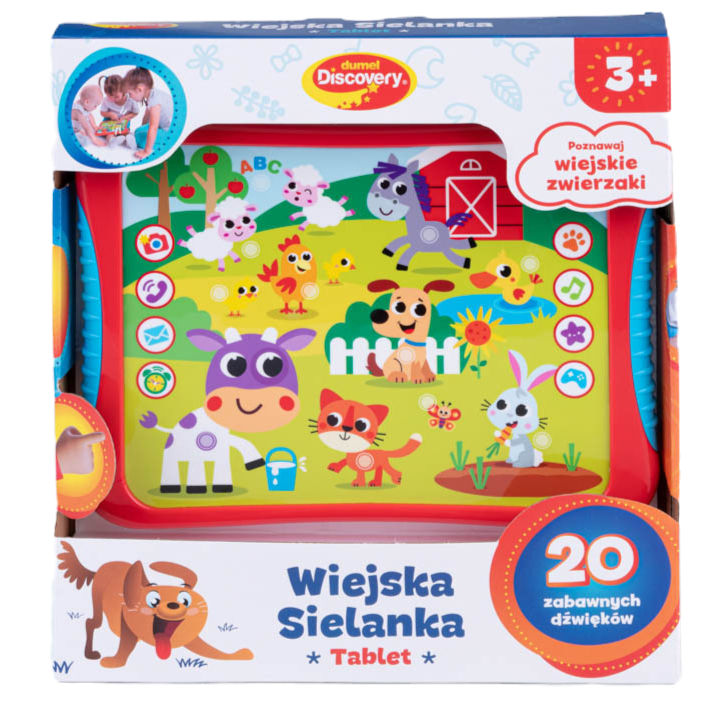 Front view of Farm Tablet showing animals, farm icons, and educational buttons