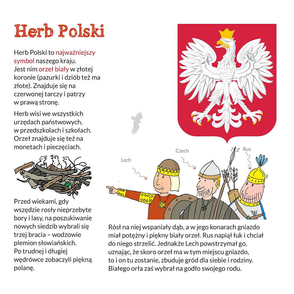 Inside pages of Polish children’s book about the Polish flag coat of arms and anthem