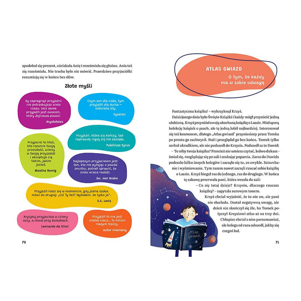 Illustrated pages from Polish book about joy emotions and values for children