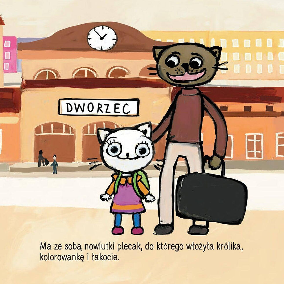 Thumbnail: Kicia Kocia W Pociągu – train station scene – Polish book for kids