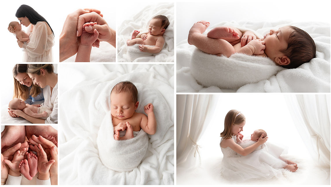 Newborn baby wrapped in a soft white blanket during a professional photography session in Crowborough, East Sussex