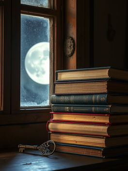 Antique books and an old skeleton key beside a moonlit window, symbolizing dream interpretation, dream symbolism, and answers to common questions about dreams.