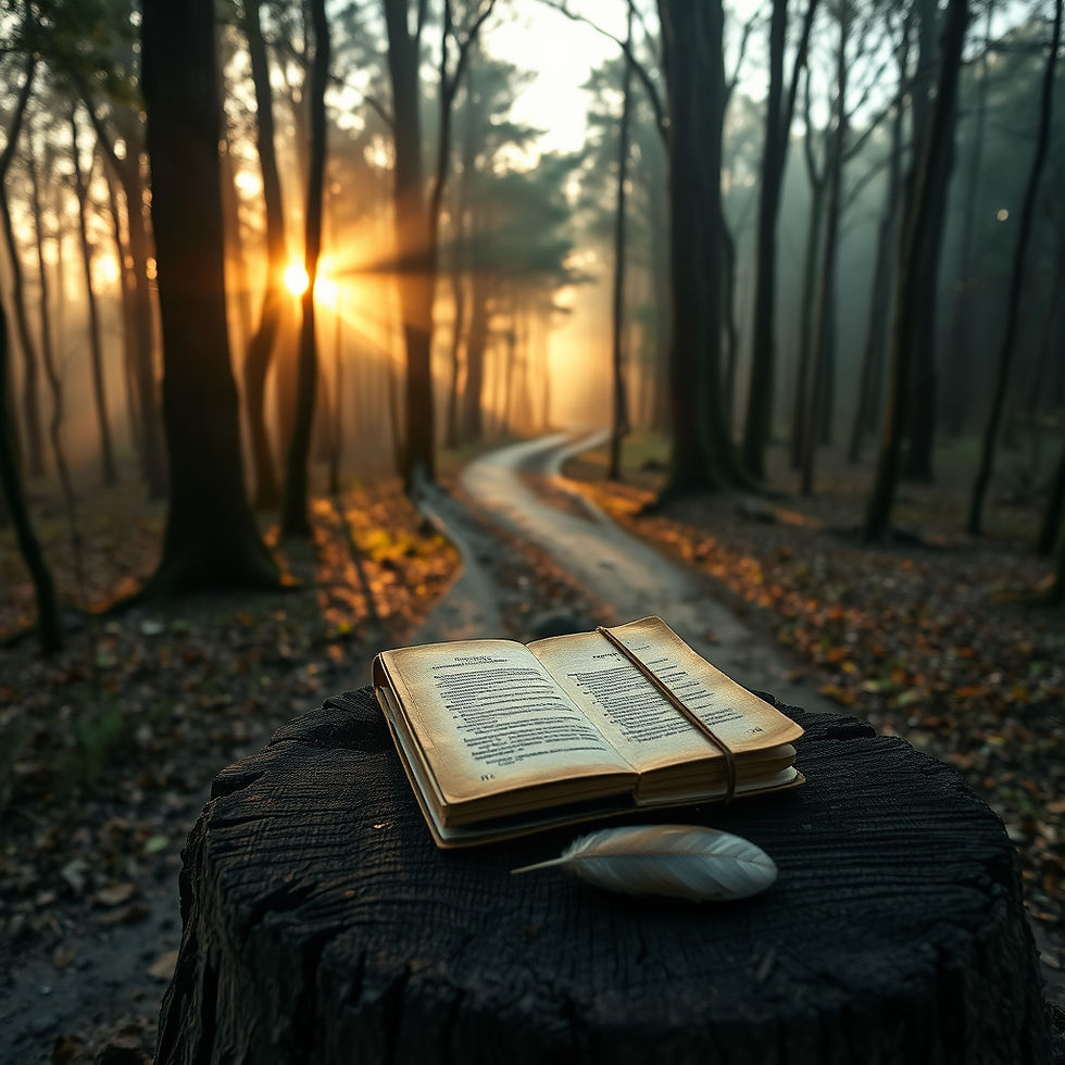Open journal on a tree stump overlooking a forest path at sunrise, representing dream interpretation for personal growth, self-reflection, and inner wisdom.