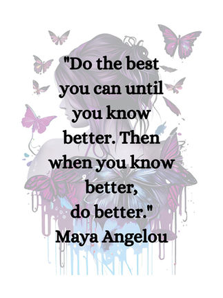 Inspirational quote by Maya Angelou surrounded by soft butterflies and watercolor accents, symbolizing healing trauma, personal growth, self-compassion, and emotional recovery.