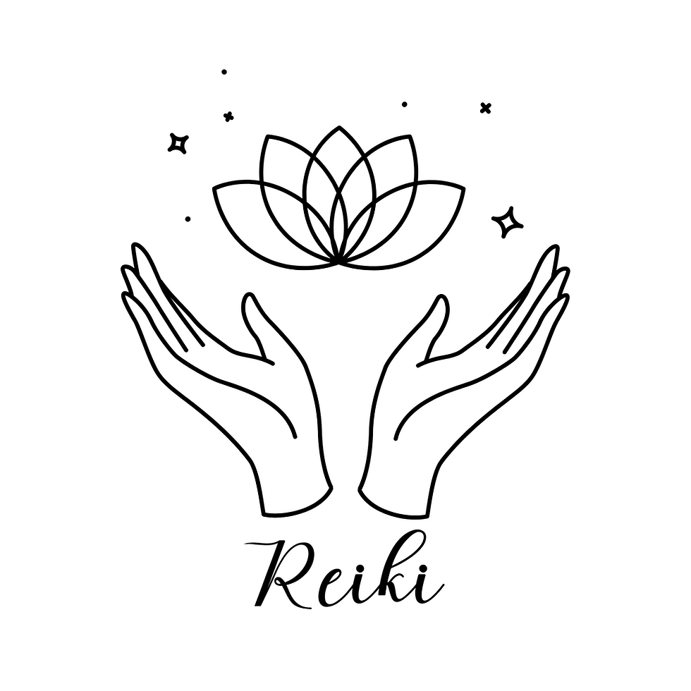 upreaching hands with a lotus flower floating above, stars surrounding it with the word Reiki written at the bottom