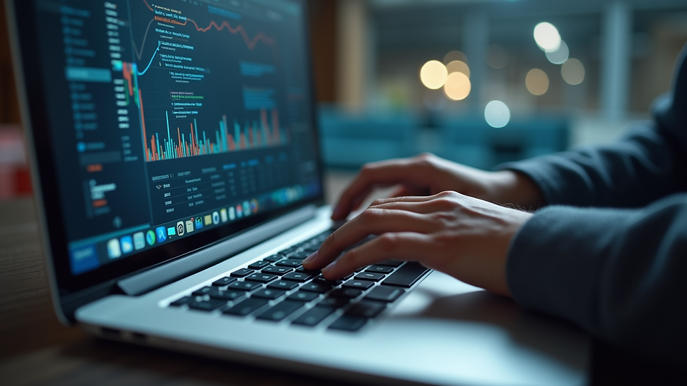 Close-up view of a person using a laptop to analyze data