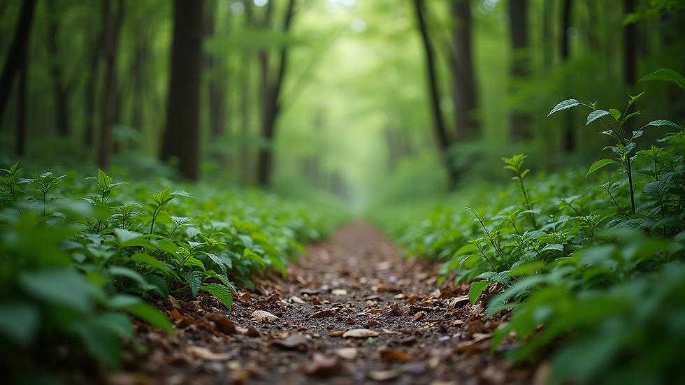 Eye-level view of a serene forest path surrounded by lush greenery