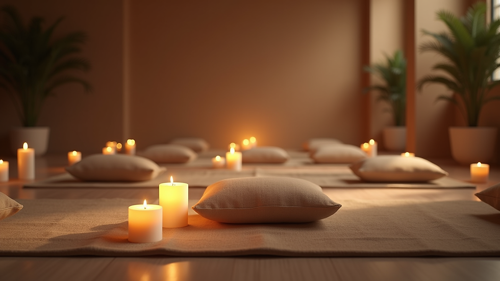Eye-level view of a serene meditation space with candles and cushions