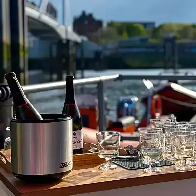 Drinks set up on the pontoon for a BYOB private hire boat trip on the River Clyde in Glasgow