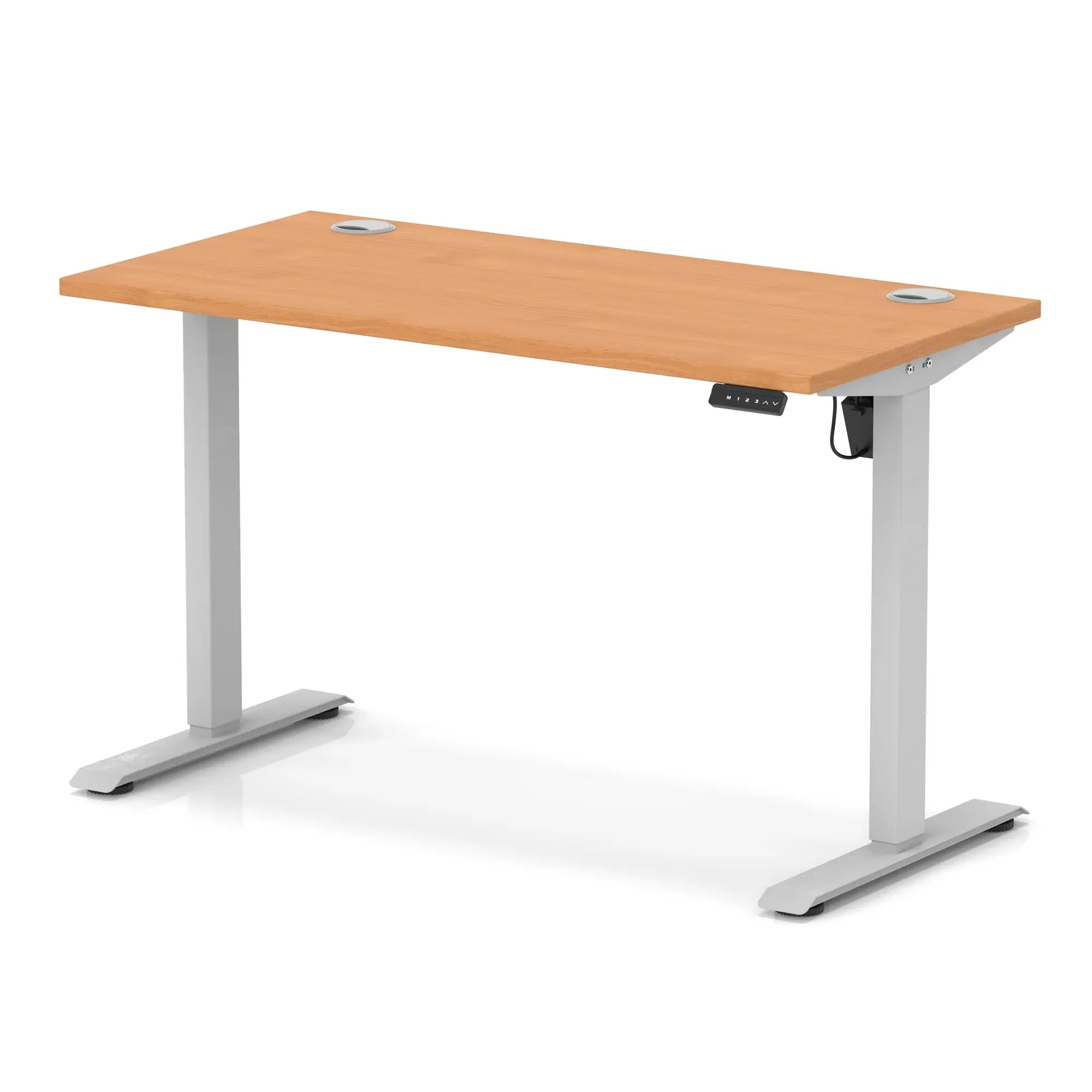 Essentials Lite sit-stand narrow rectangular office desk silver legs beech top