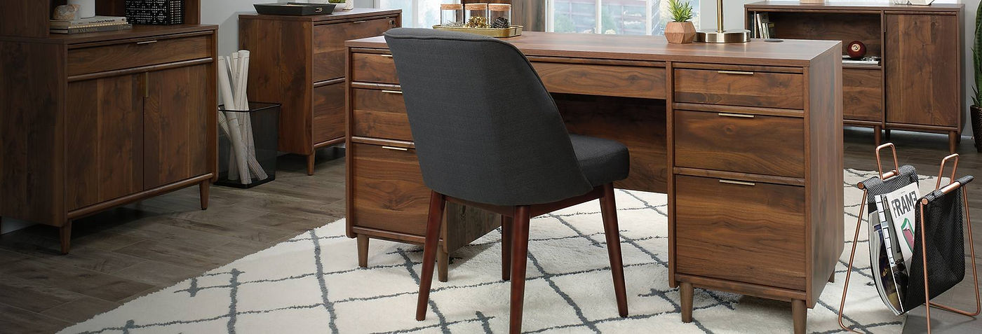 Lugo walnut home office collection featuring executive desk, chair and storage furniture