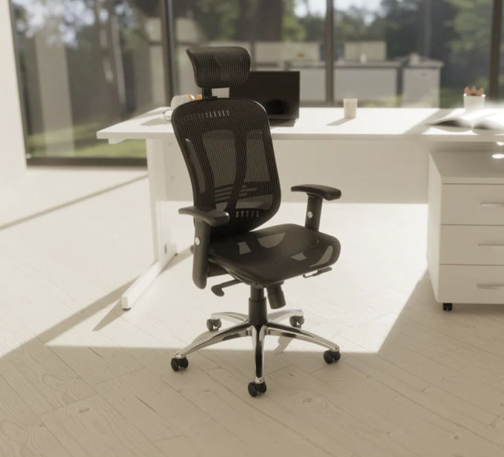 High back ergonomic mesh office chair with adjustable armrests and headrest showing breathable mesh backrest detail