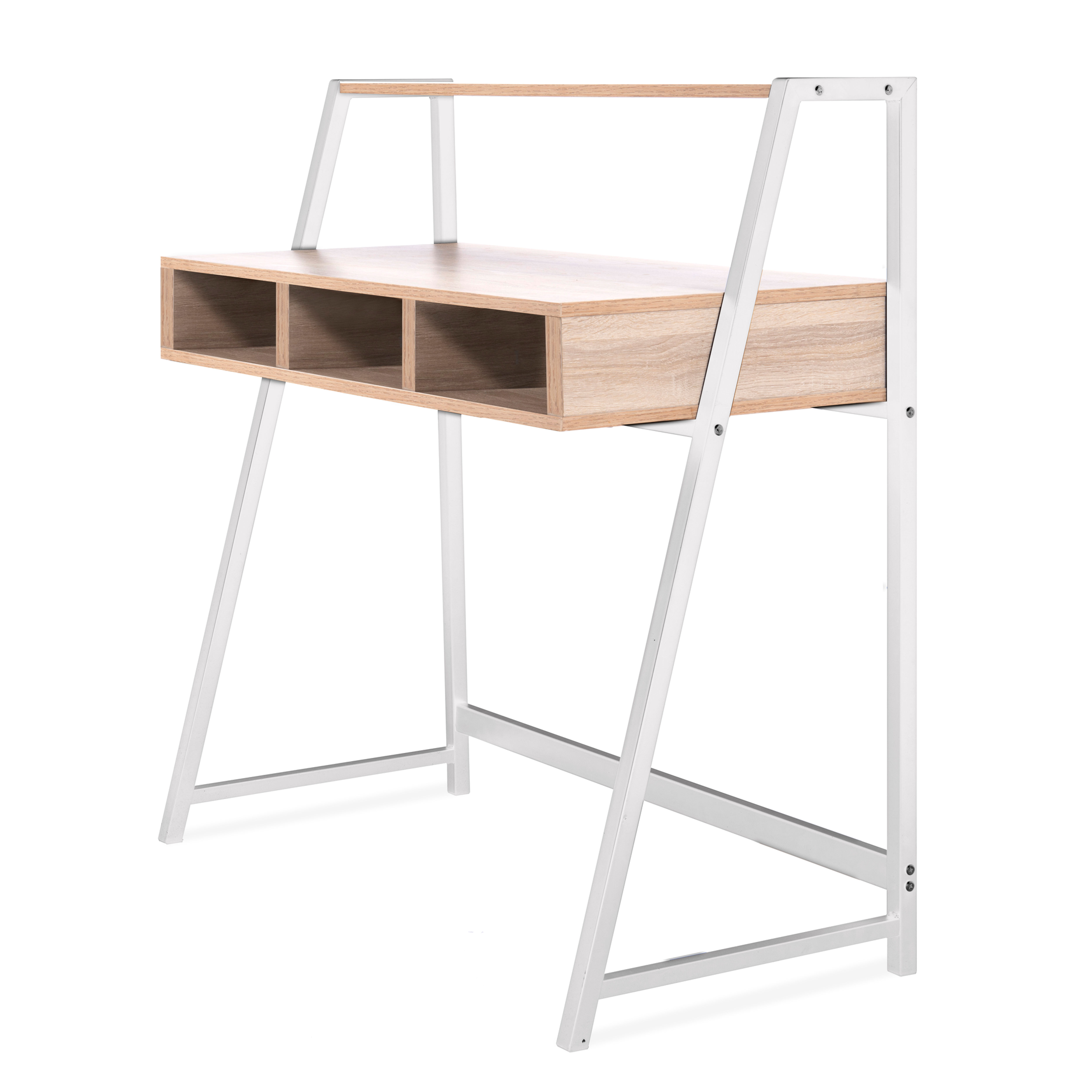 malmo home office desk shown with white frame and oak top main view