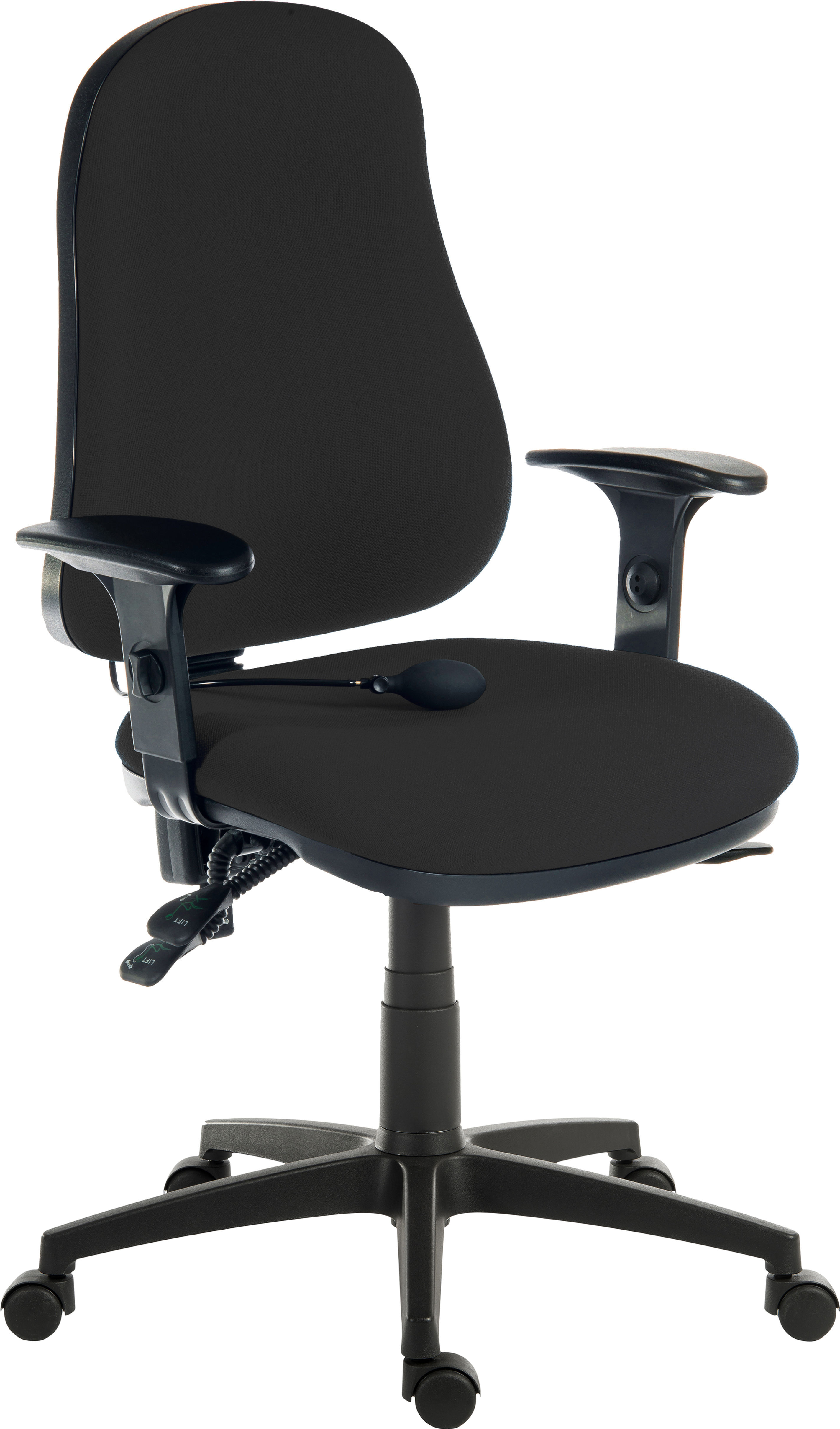 lotus fabric pump up lumbar support ergonomic operator chair in black with height adjustable arms