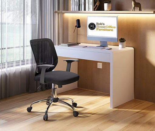 mesh office chair in black with white home office desk in a home working environment