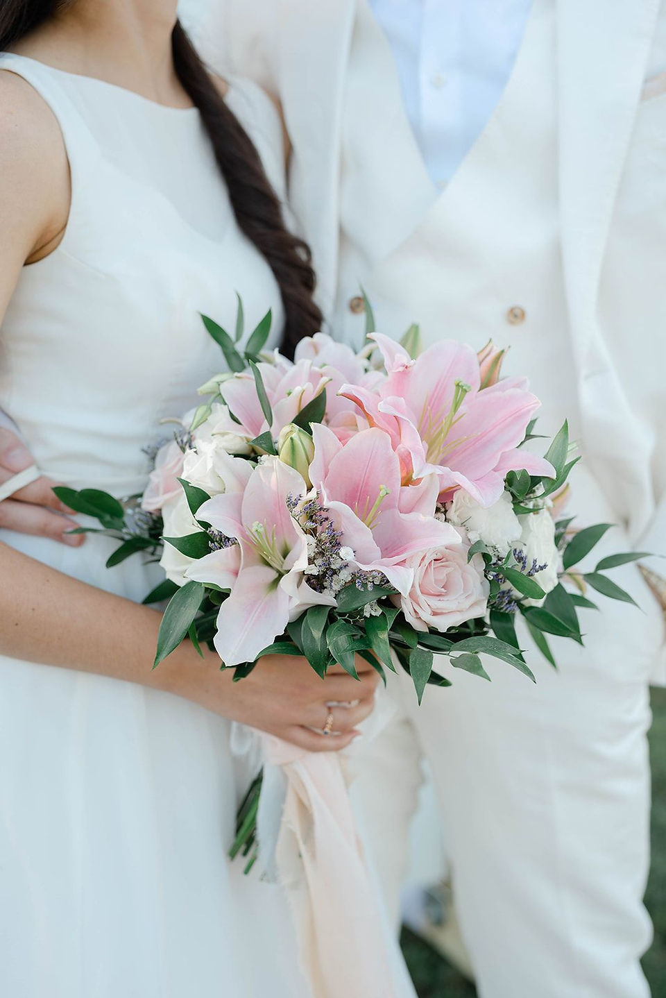Pink lily wedding bouquet