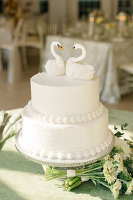 A 2 tiered wedding cake with 2 swans on top
