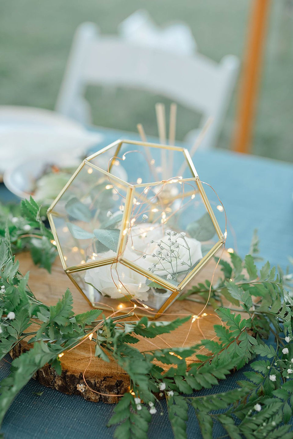 geometric centerpiece with fairy lights