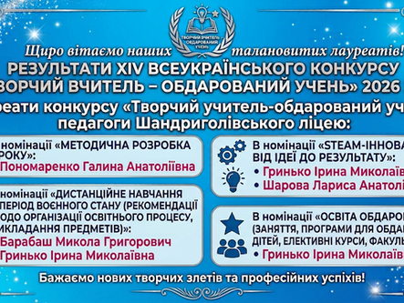 Щиро вітаємо наших талановитих лауреатів Всеукраїнського конкурсу "Творчий вчитель - обдарований учень"