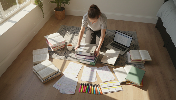 Overhead view of an A-level student organising notes and textbooks