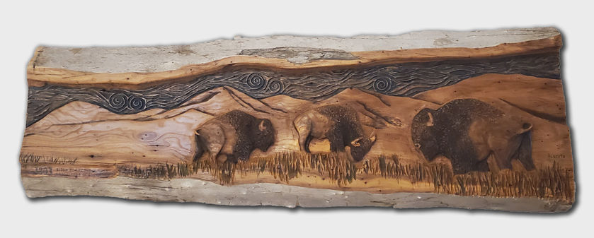 Bison in Wood Bas-relief - Wood Carving by Ryan Alberts.