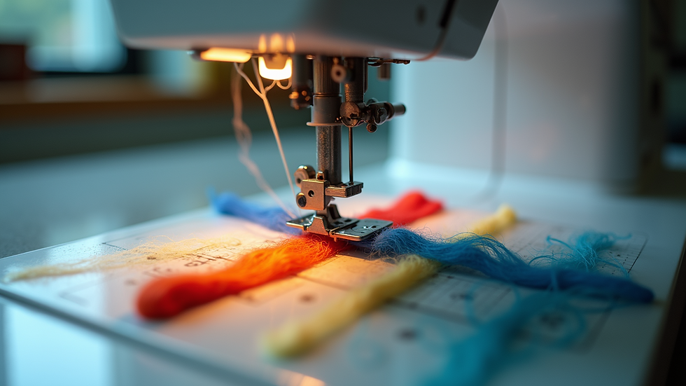Eye-level view of a sewing machine with colorful threads