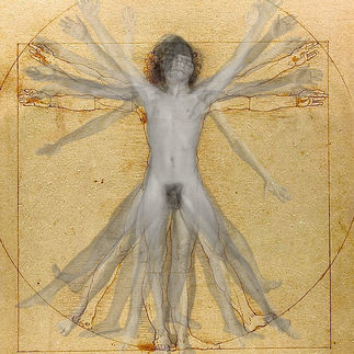 Male nude model superimposed with Leonardo da Vinci's Vitruvian Man proportions, fine art photography by Claude Gauthier
