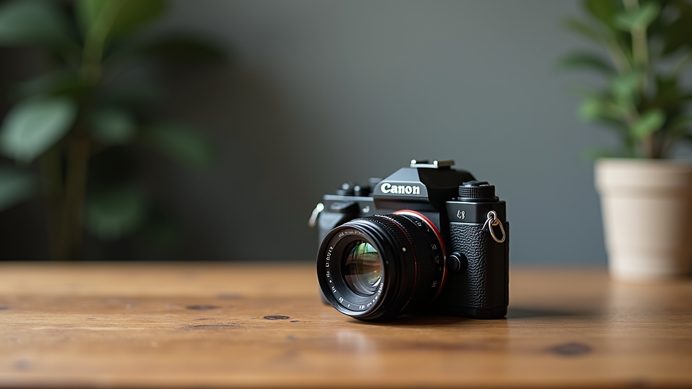 Vue en plongée d'un appareil photo professionnel posé sur une table en bois
