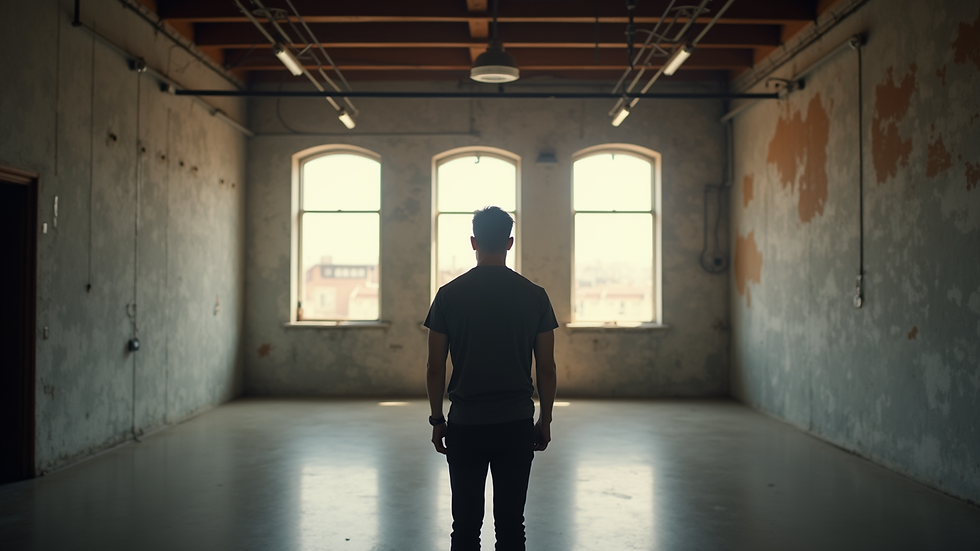 Vue en contre-plongée d’un homme debout dans un loft industriel avec lumière naturelle