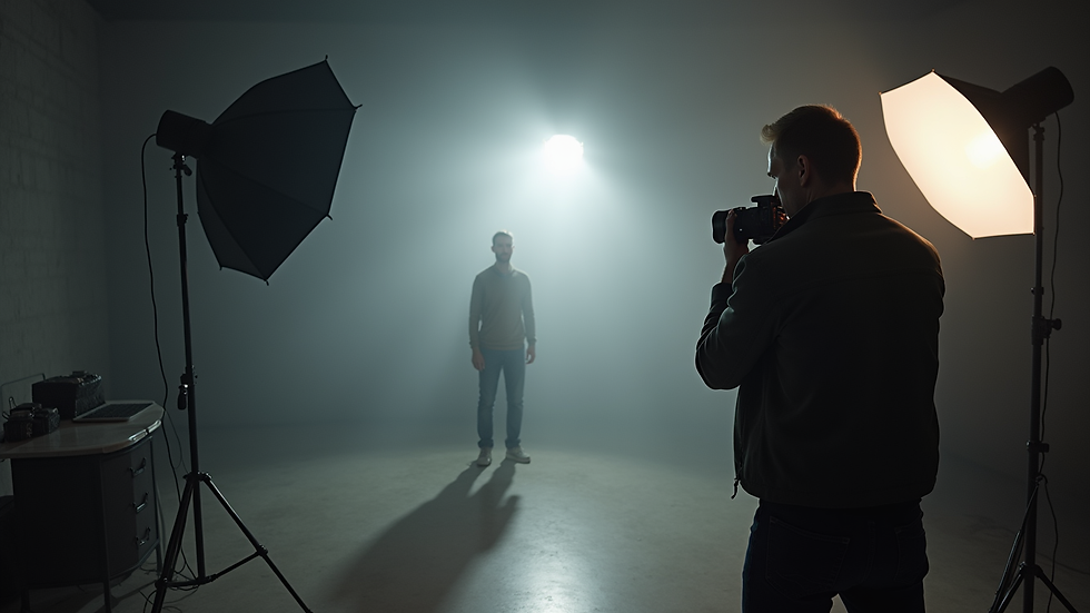 Vue en contre-plongée d'un photographe ajustant son appareil photo lors d'une séance en studio