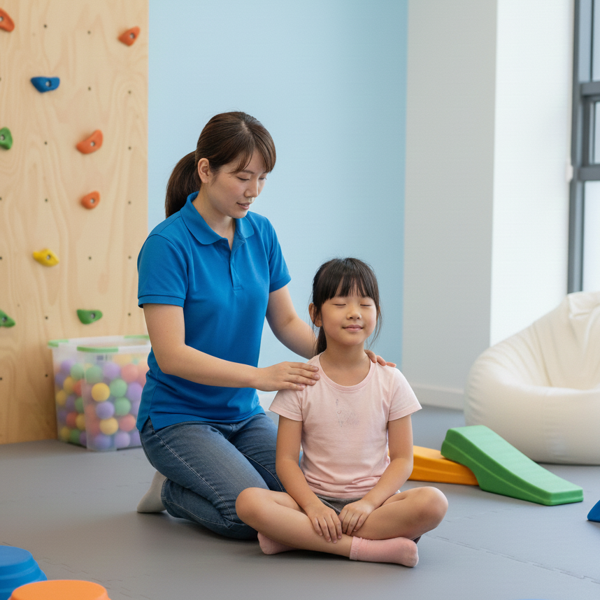 職業治療師為幼兒進行感統訓練中，感統與調節情緒能力息息相關