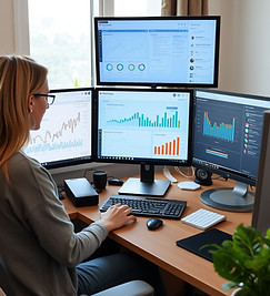 female healthcare data analyst working at home on several screens to create large data das