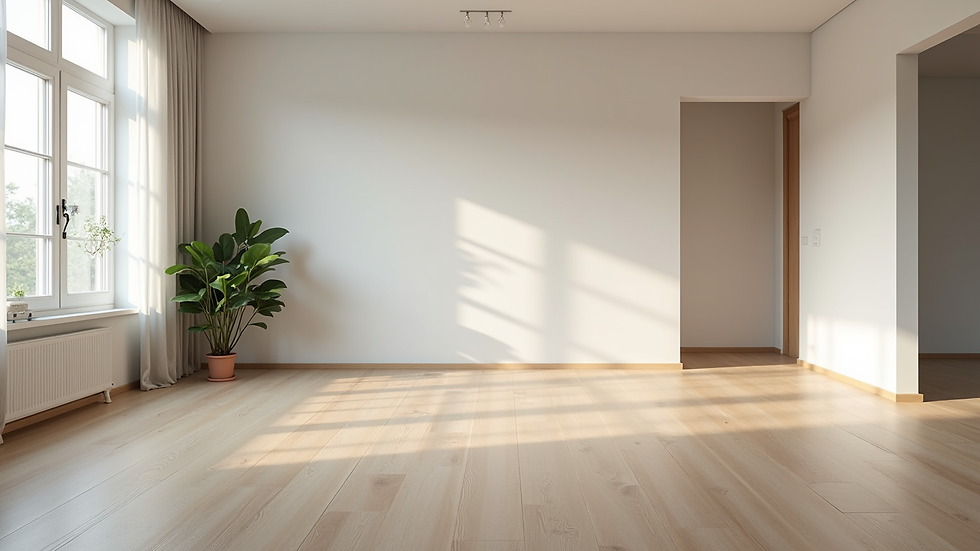 Wide angle view of a spacious living room with new flooring and fresh paint