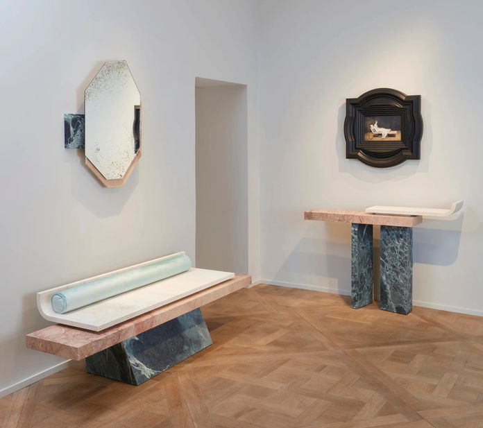 Pompeii, stool, marble, tabouret, travertine, collectible design, galerie BSL, Jimmy Delatour, marbreries de la seine, Paris, Vesuvio, vesuvius, eruption, volcano, Pompei, uchronia, vesuve, satin silk, verde alpi, breccia,  indoor, outdoor furniture, contemporary art, portal, madame recamier, jacques louis david, meridienne, longchair, daybed, frame, painting, pitcure, digital paper, electronic frame