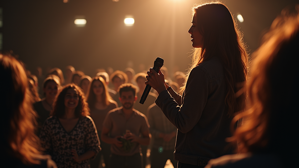Eye-level view of a storyteller engaging with an audience