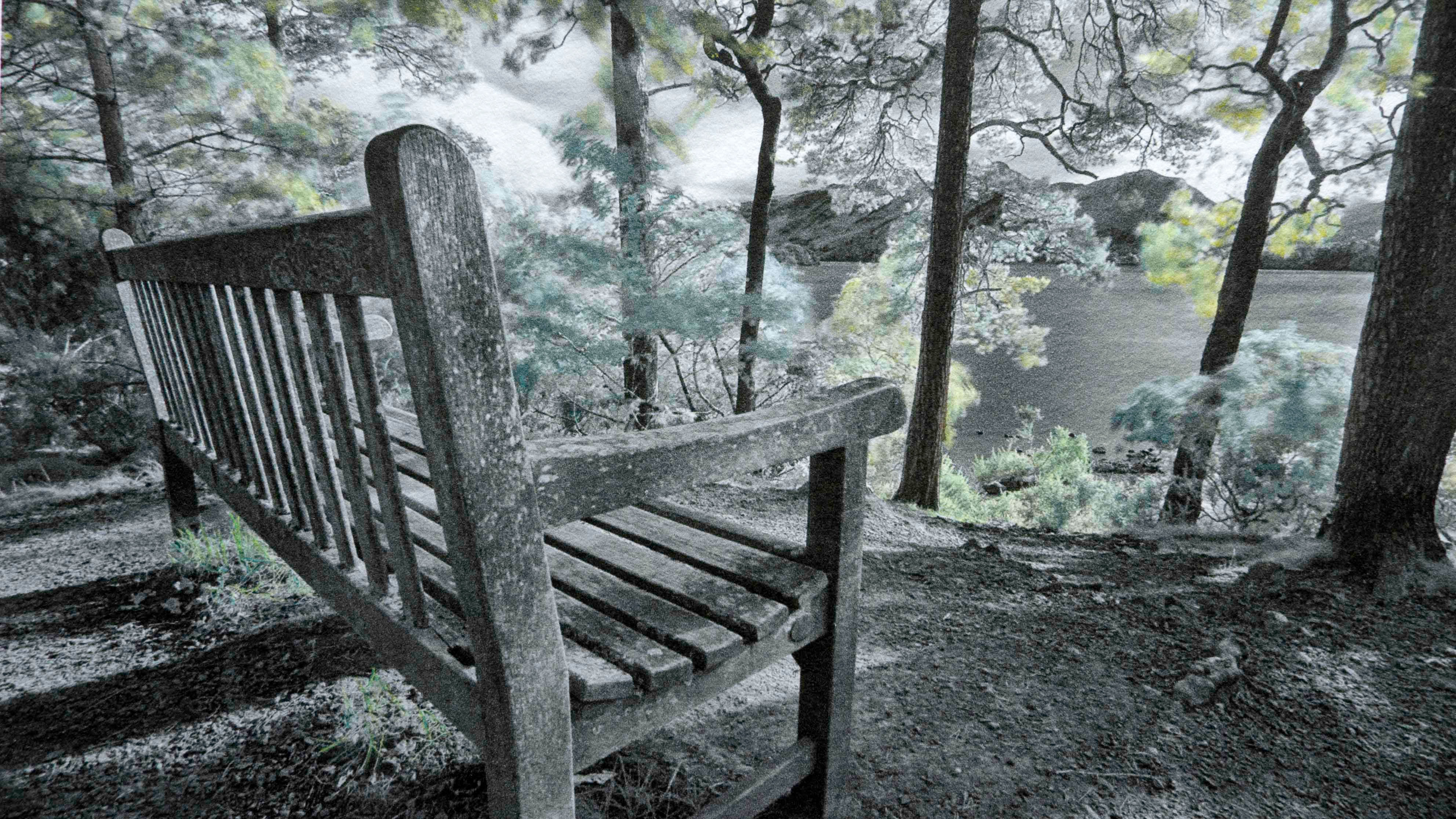 BENCH WITH A VIEW, DERWENT WATER, THE LAKES.(USING WATERCOLOUR PENCILS)